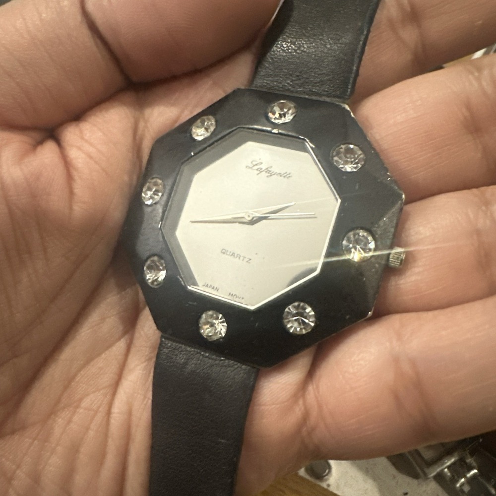 Works Vintage Lafayette Mirror Womens Watch Crystals 45mm Black Hexagon Runs